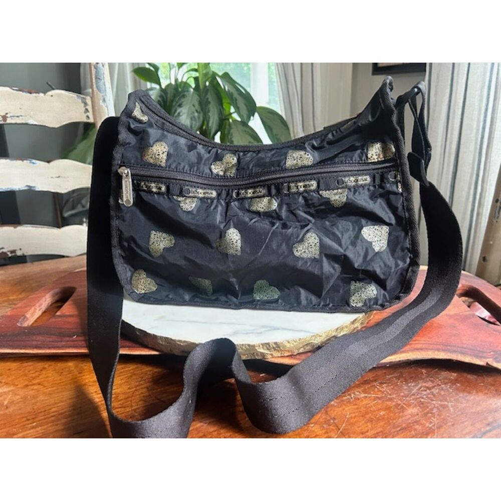 LeSportsac Classic Hobo Crossbody Bag Black Metallic Gold Heart Print